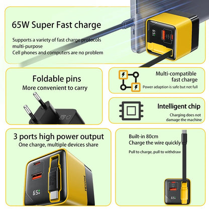 65W GaN USB-C Fast Charger with Built-in Cable